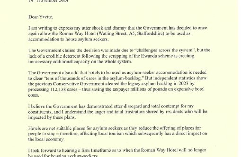 Letter sent to Home Secretary